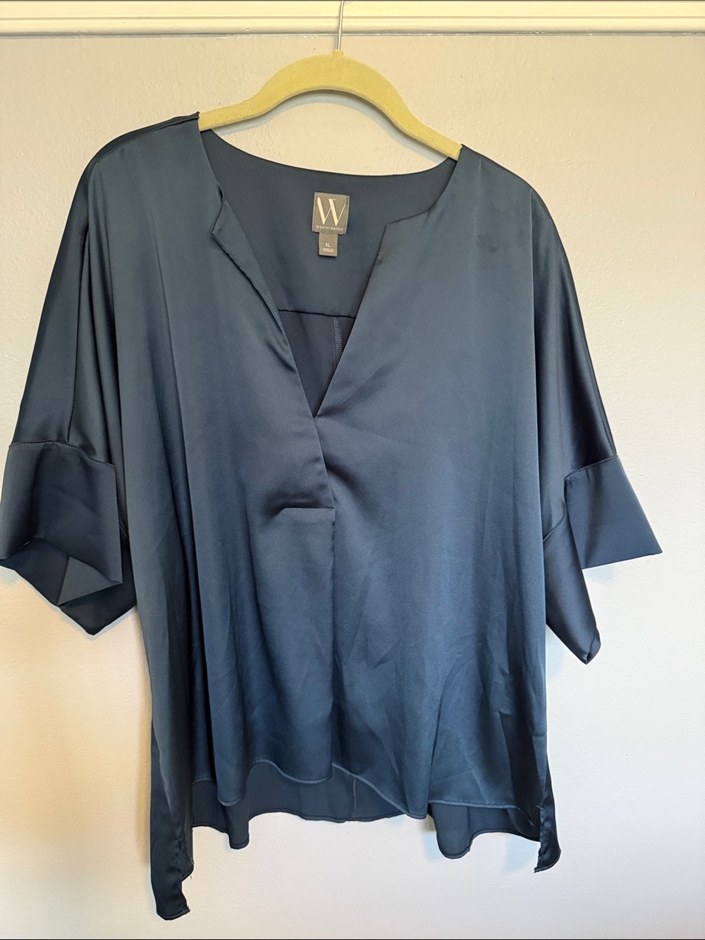 Worthington Navy Satin V-Neck Dolman Blouse